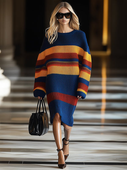 Casual Loose Lazy Style Bat Sleeve Colorblock Striped Knitted Sweater Dress