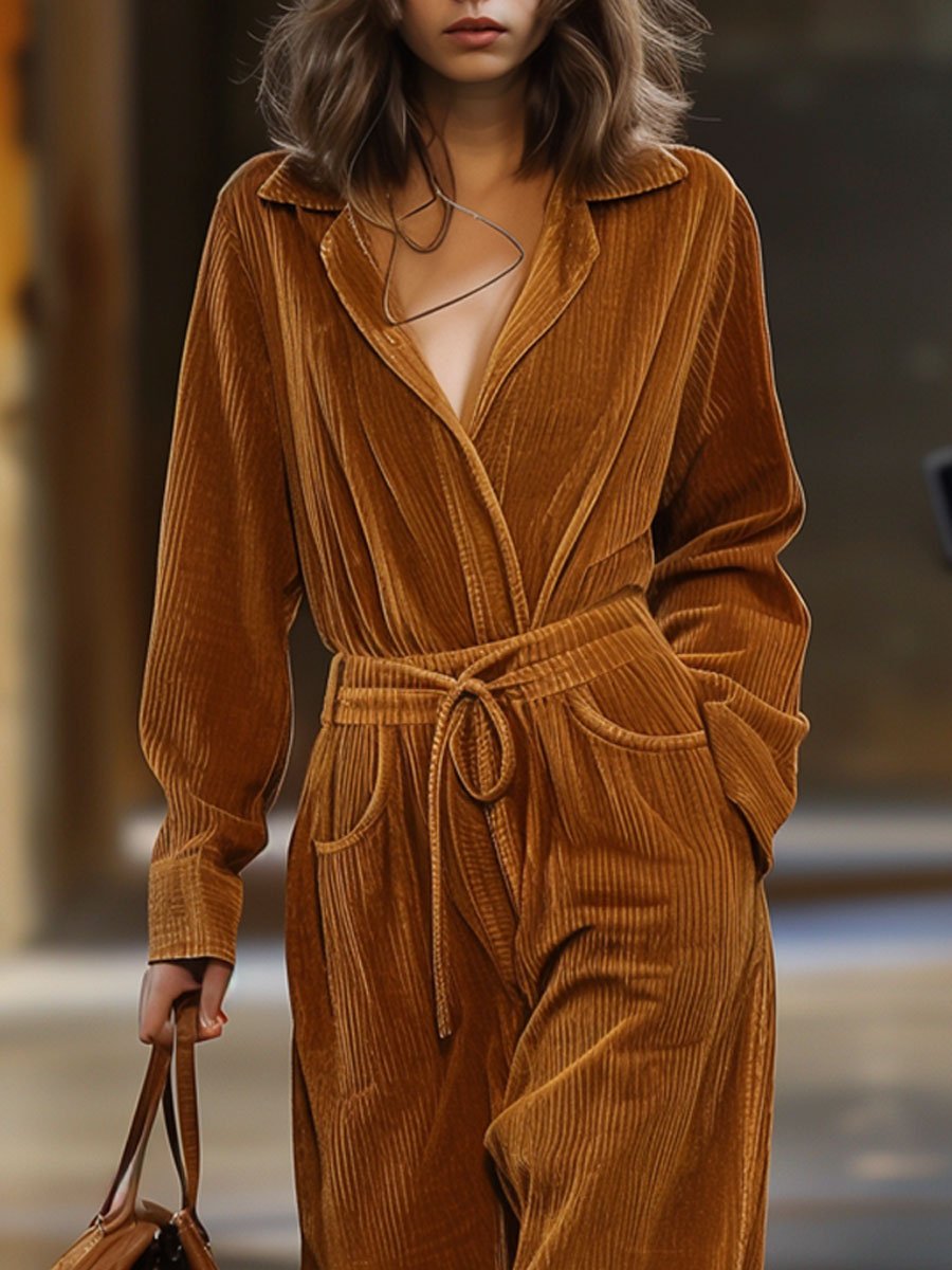 Casual Loose Lapel Elastic Waist Long Sleeve Corduroy Jumpsuit