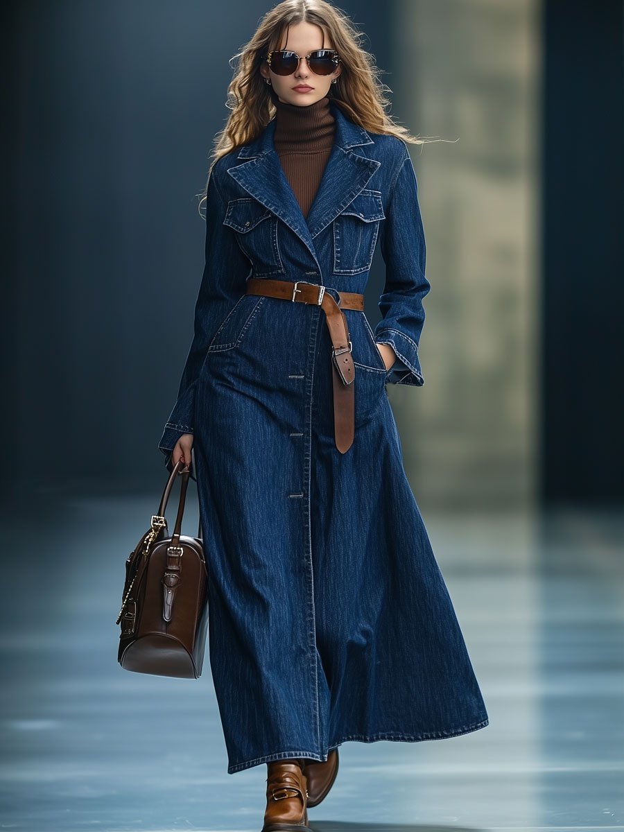 Casual Loose Retro Multi-Pocket Long Dress-Style Denim Trench Coat