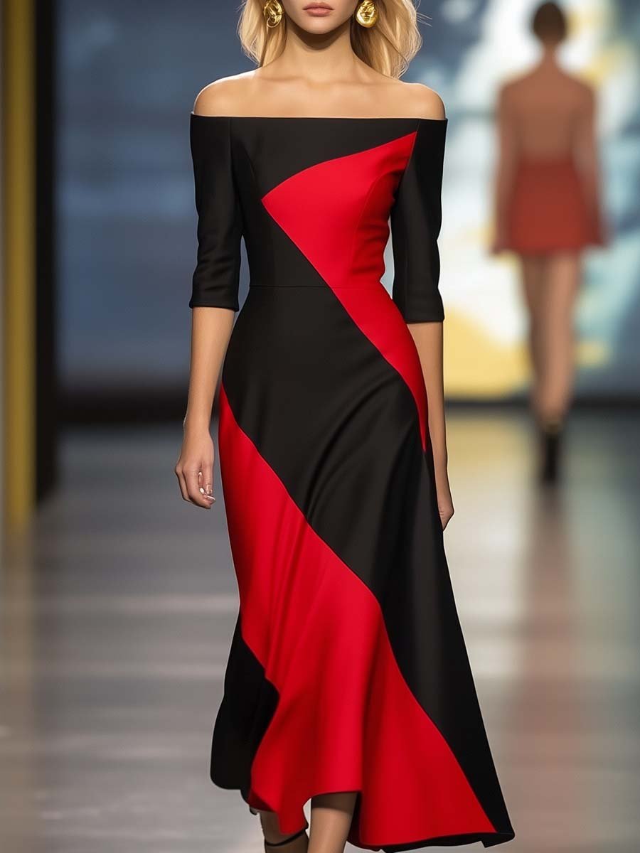 Fashion Personality Off-shoulder Black and Red Contrast Maxi Dress