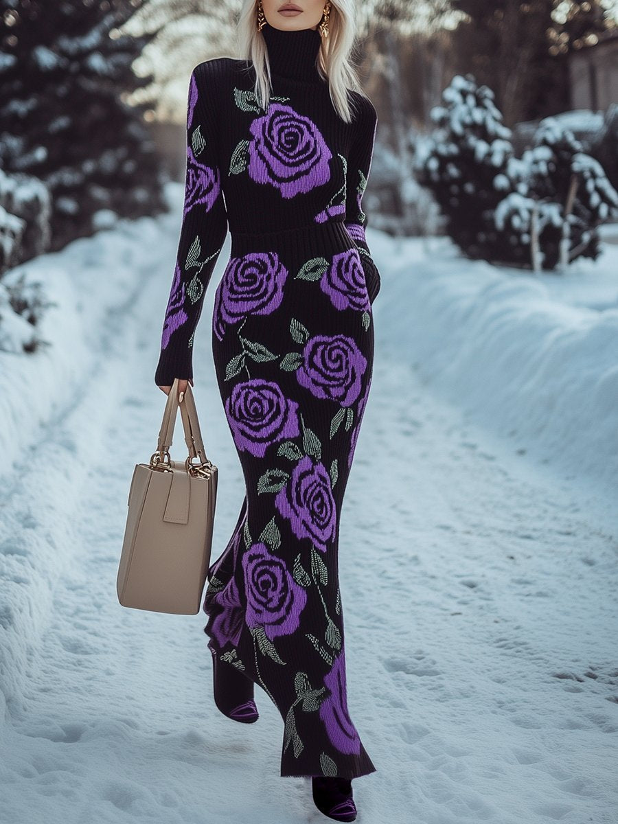 Fashionable Casual Slim High Collar Purple Rose Knitted Maxi Dress