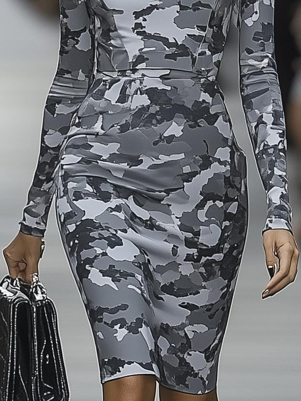 Fashionable Grey Camouflage Print Long Sleeve Midi Dress