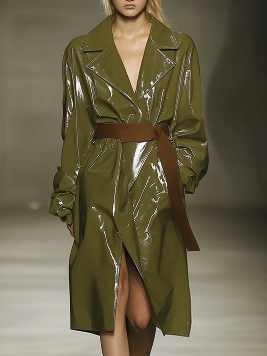 Casual Loose Patent Leather Olive Green Coat