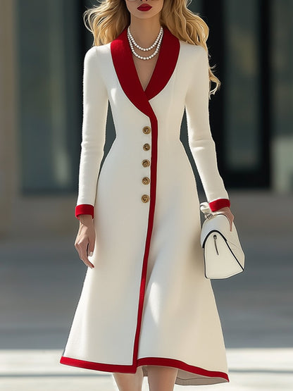 Fashionable And Elegant Metal Button Red Color Matching Midi Coat