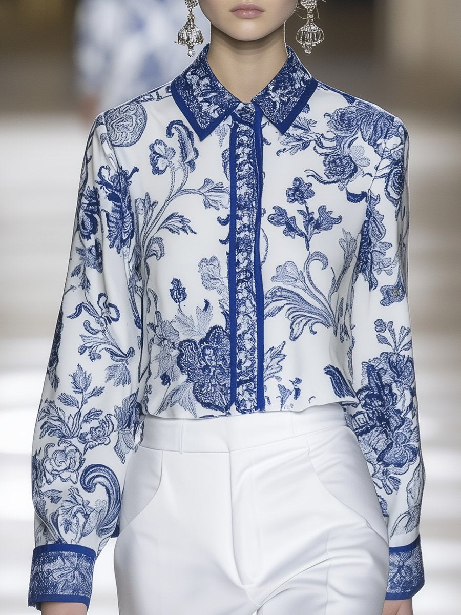 Elegant Blue and White Porcelain Print Satin Long-sleeved Shirt