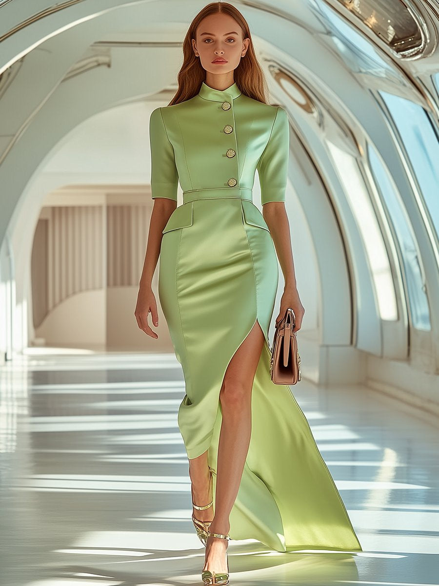 Elegant Half Turtleneck Saga Green Slit Maxi Dress