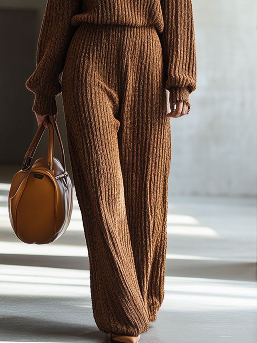 Casual Loose Brown Knit Straight Pants