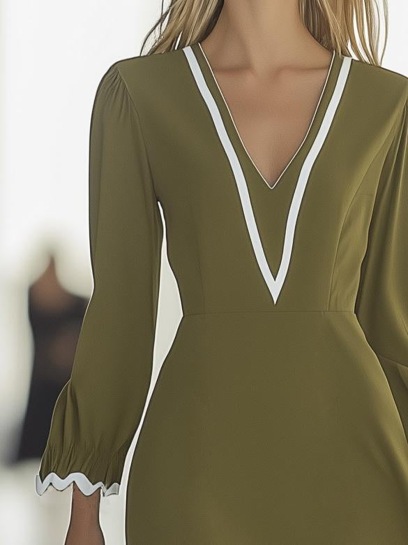 Loose Casual Wave Cut Long Sleeve Midi Dress