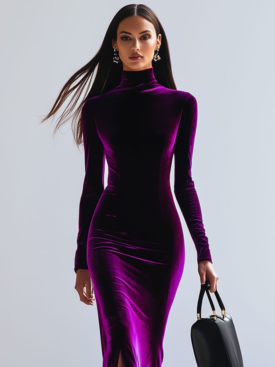 【24-hour shipping】Fashion Retro High Collar Long Sleeve Purple Velvet Slit Maxi Dress