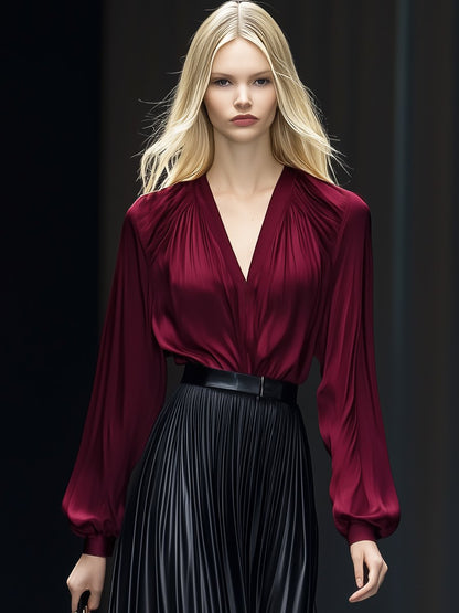 Classic All-Match V-Neck Burgundy Satin Long-Sleeved Shirt