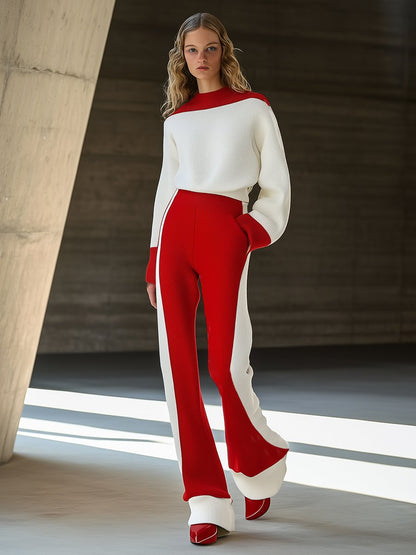 High-End Fashionable Red And White Color Matching Round Neck Knitted Suit