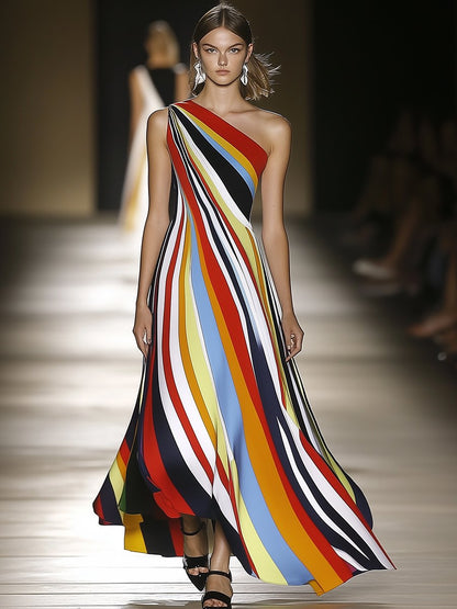 Casual Fashion Colorful Striped Off-shoulder Sleeveless Maxi Dress