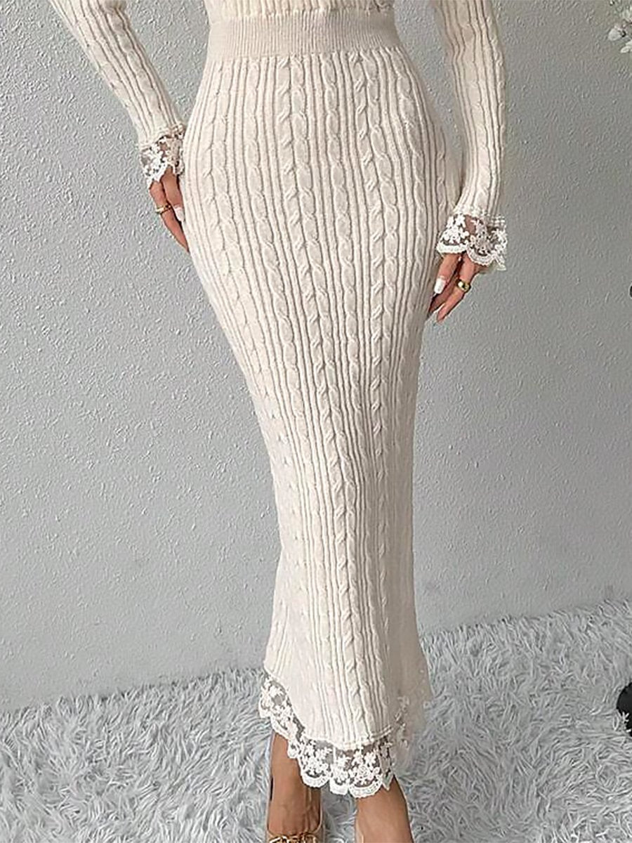 Elegant and fashionable exquisite lace stitching knitted Maxi dress