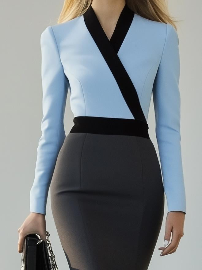 Elegant Hemmed Colorblock Long Sleeve Midi Dress