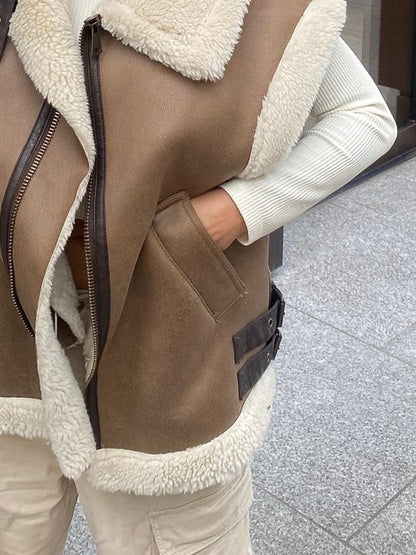 Retro Fashion Loose Camel Motorcycle Fur Vest