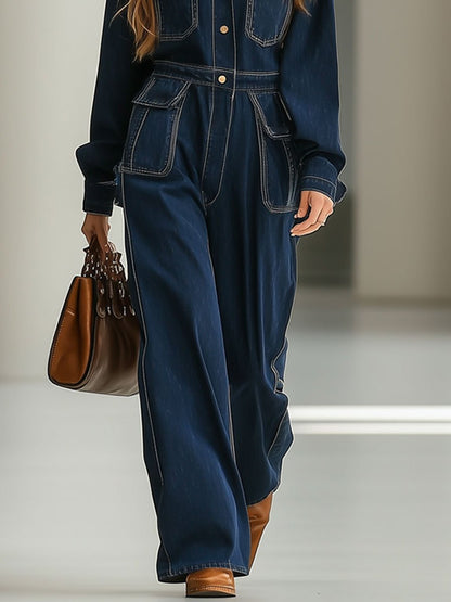 Casual Loose Retro Navy Blue Denim Multi-Pocket Long-Sleeved Jumpsuit