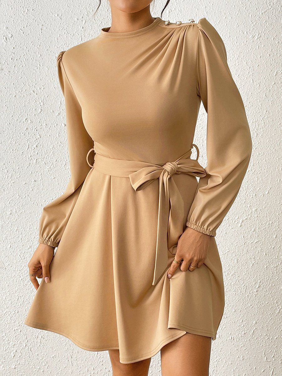 Fashionable Solid Color Tie Waist Long Sleeve Mini Dress