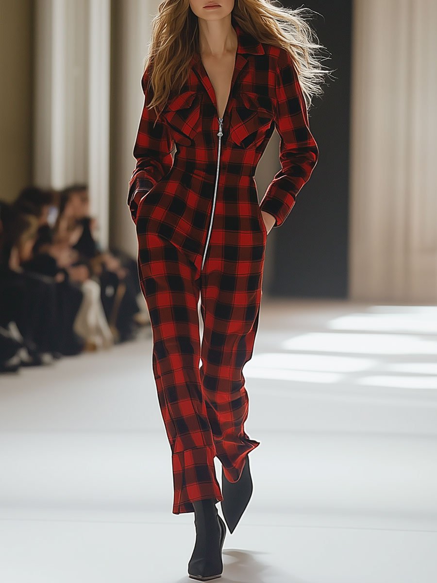 Casual Loose Retro Wool Red Plaid Print Zipper Jumpsuit