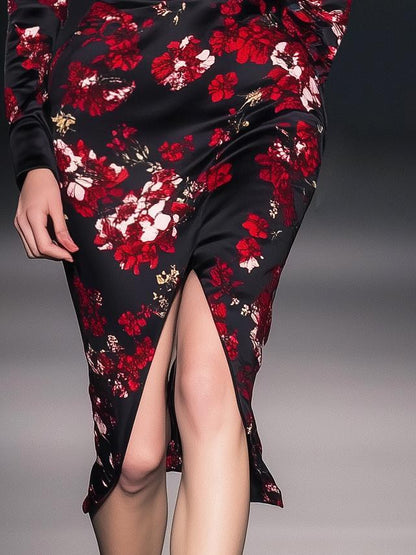 Luxurious Satin Printed V-Neck Black Long Sleeve Midi Dress