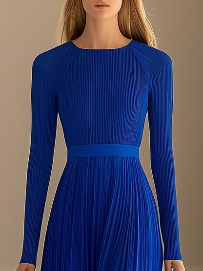 Elegant and Fashionable Round-neck Blue Pleated Long-sleeved Maxi Dress