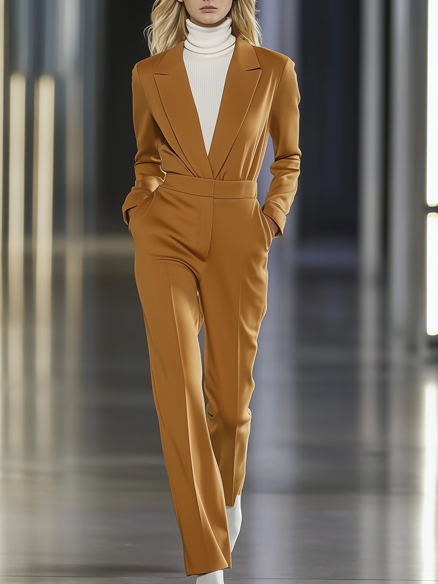 Elegant Suit-cut Lapel Long-Sleeved Jumpsuit