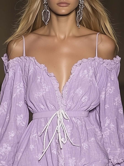 Fashionable Off-shoulder Lace-up Floral Print Lavender Mini Dress