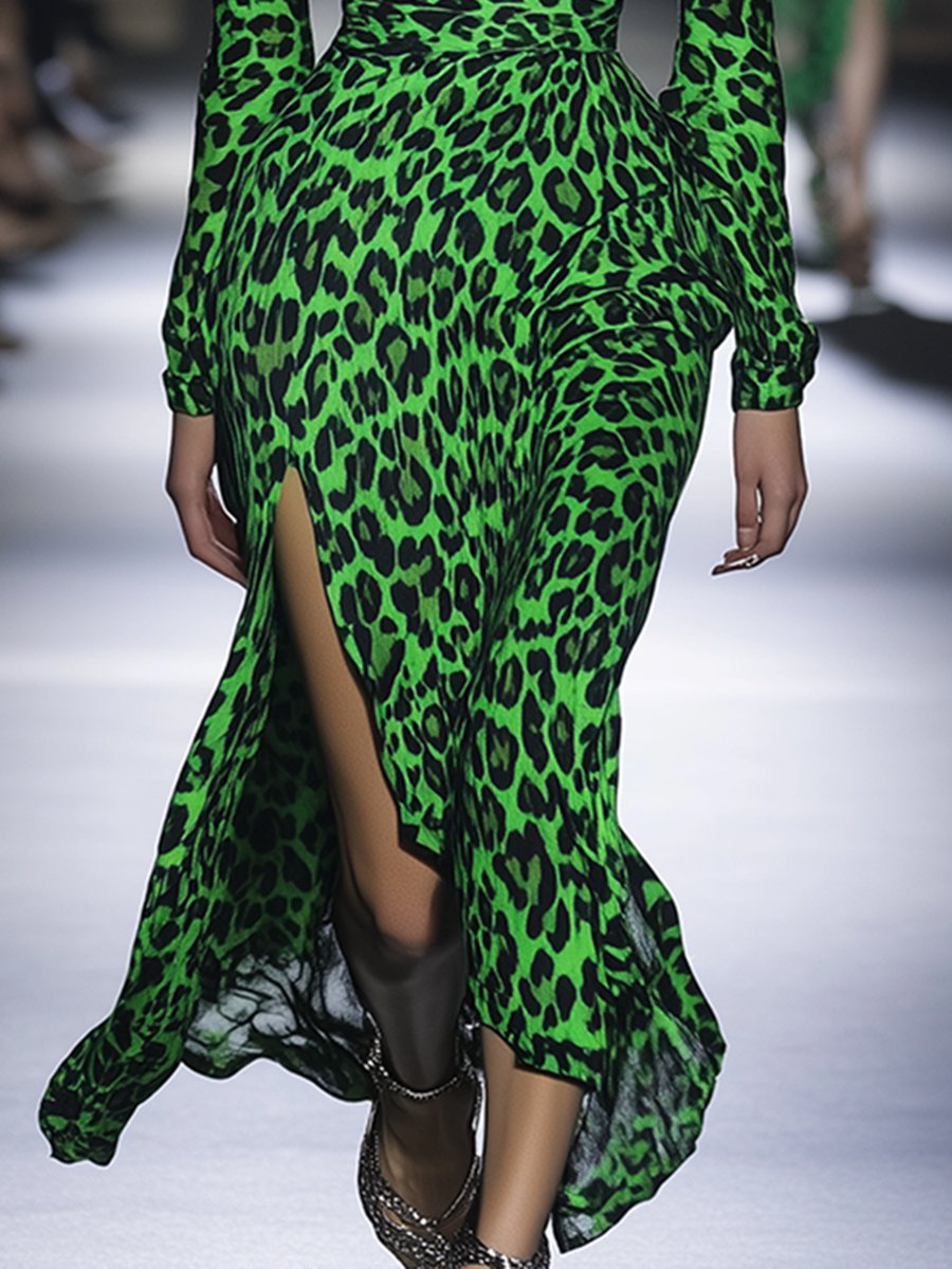 High-End Fashionable V-Neck Slit Green Leopard Print Midi Dress