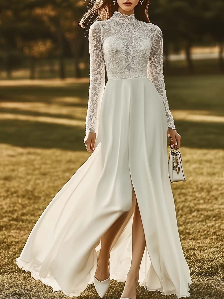 Elegant and Flowing Half-high Collar Lace Stitching White Maxi Dress