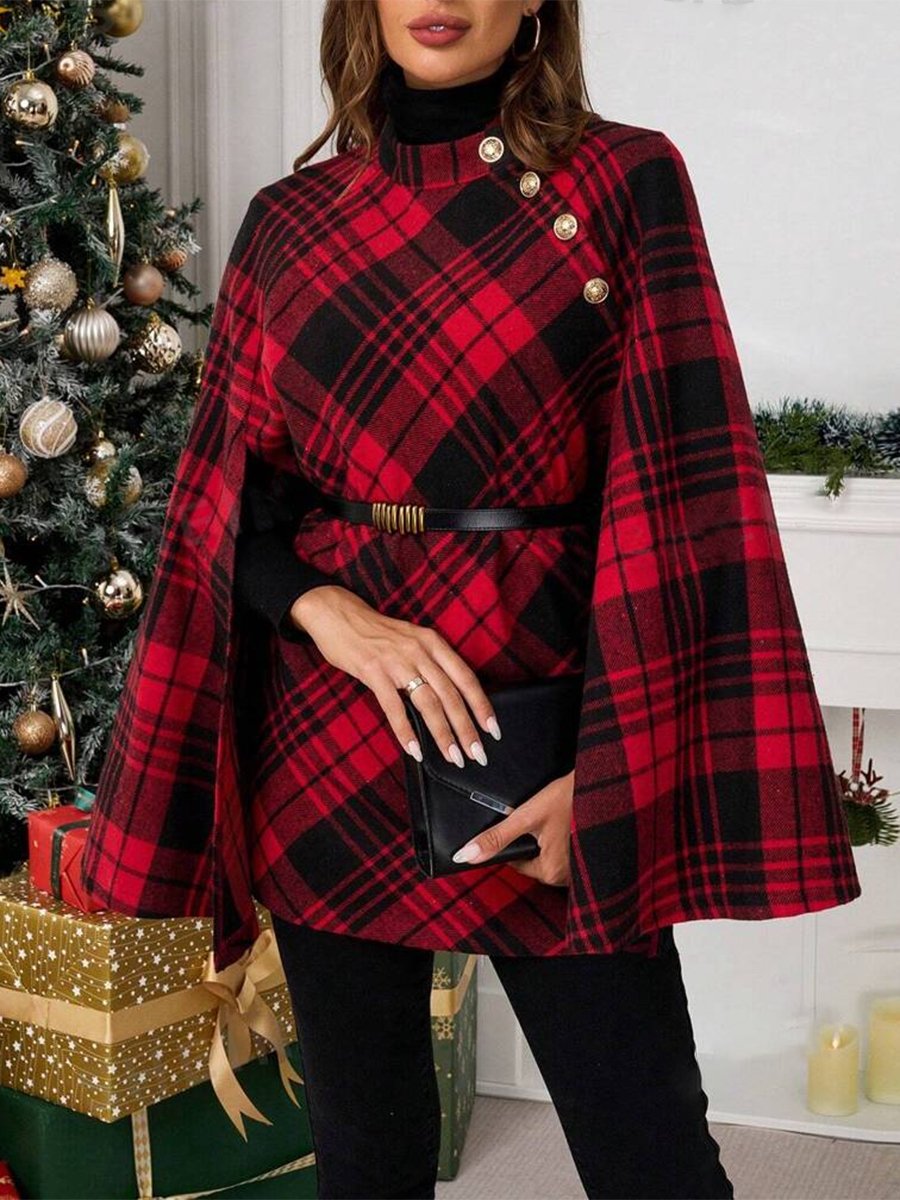 Retro Loose Fashionable Christmas Plaid Cape Woolen Coat