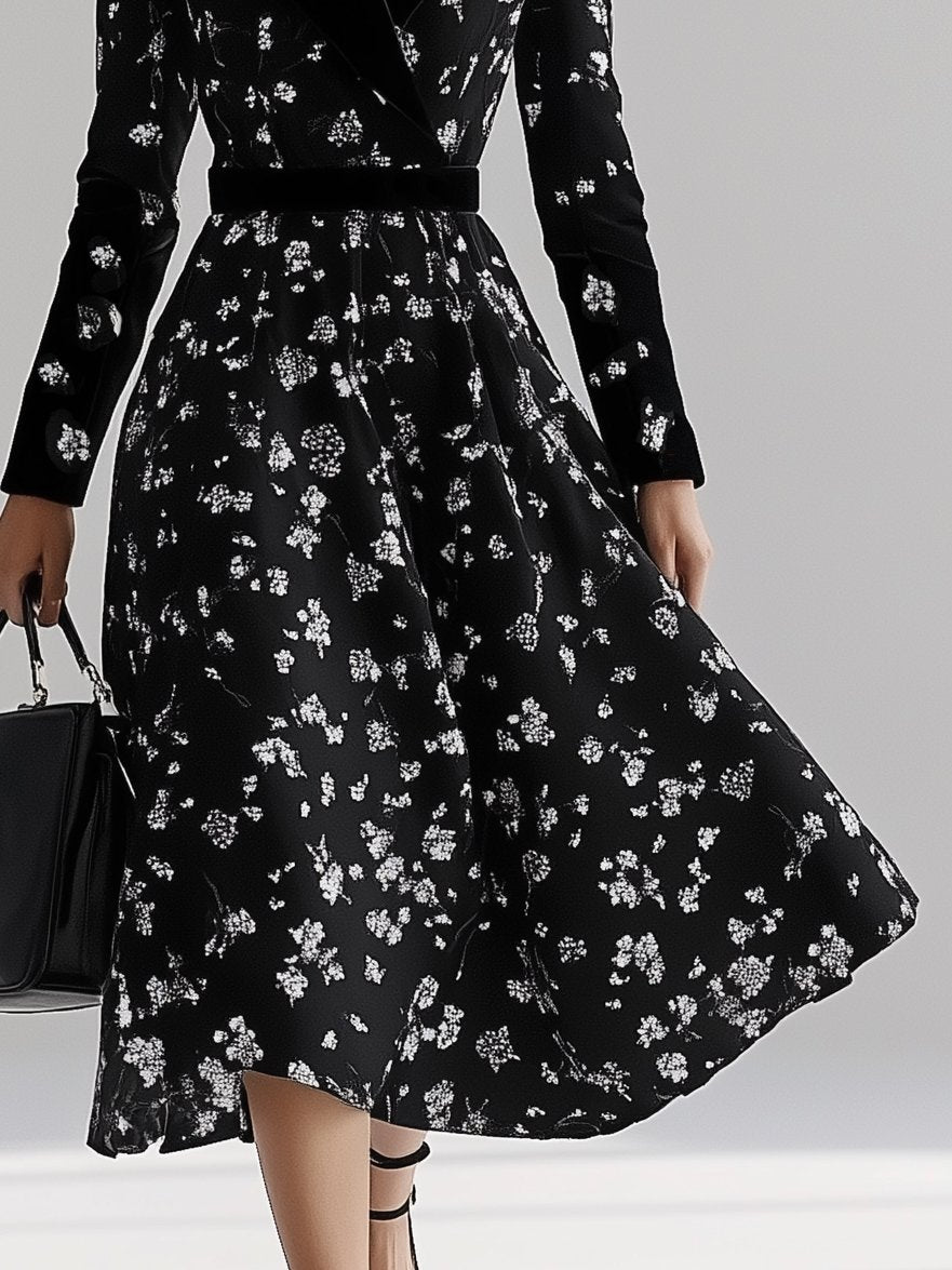 Elegant Lapel Floral Black Long Sleeve Maxi Dress