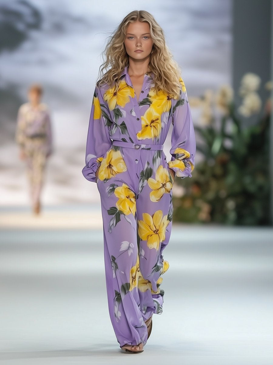 Casual and Loose Purple Chiffon Yellow Print Long-sleeved Shirt Jumpsuit