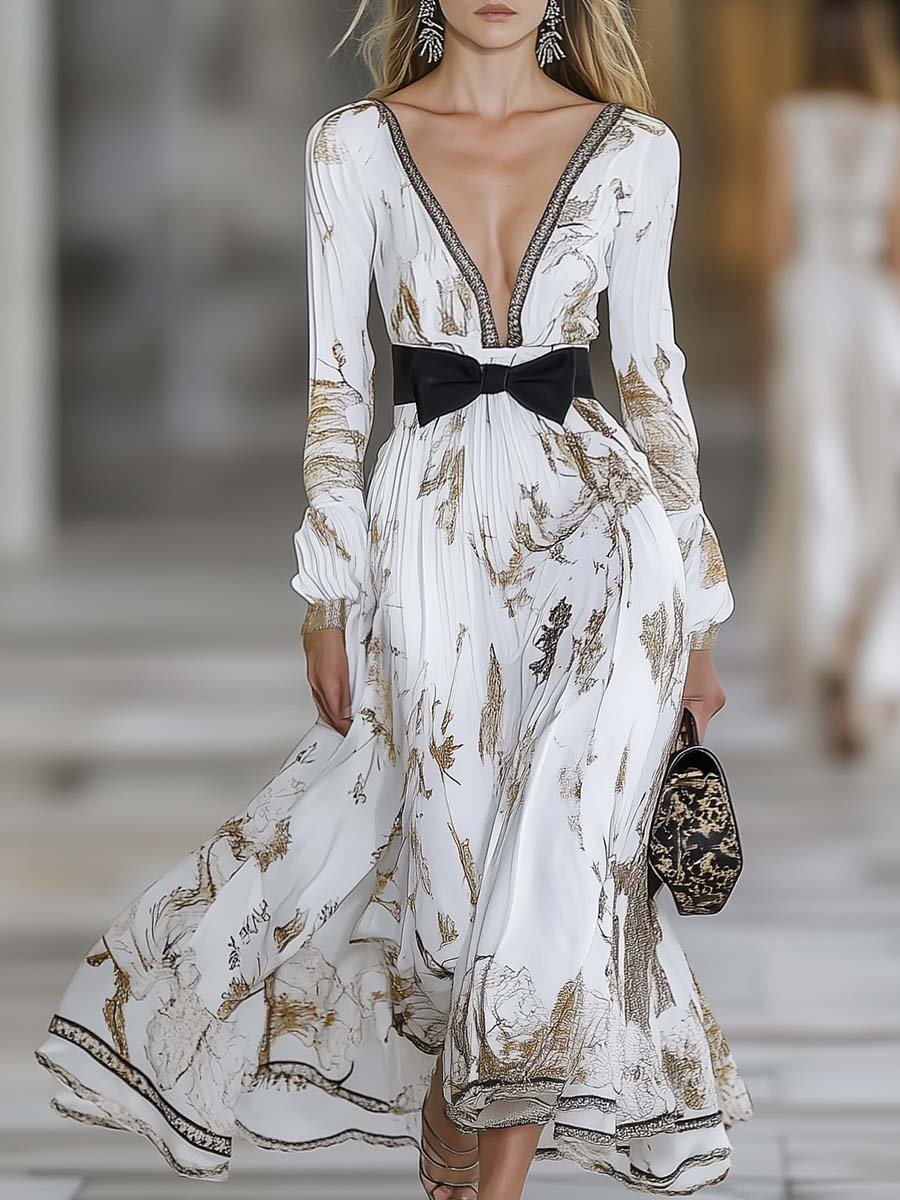 Elegant V-neck Gold Print and Bow-decorated White Maxi Dress