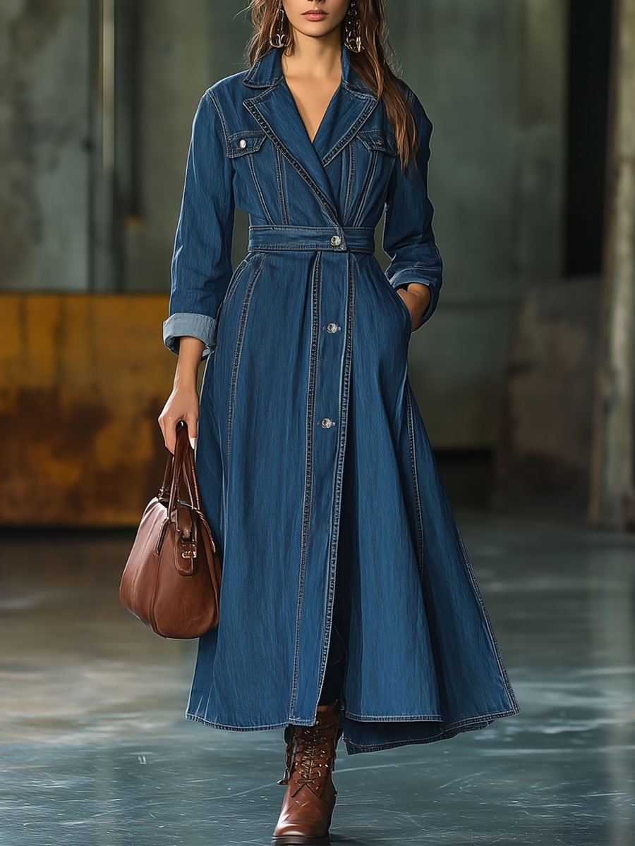 Casual Loose Retro Pocket Dress Style Denim Trench Coat