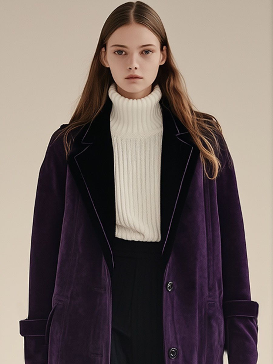 Casual Loose Retro Purple Suede Mid-Length Pocket Coat