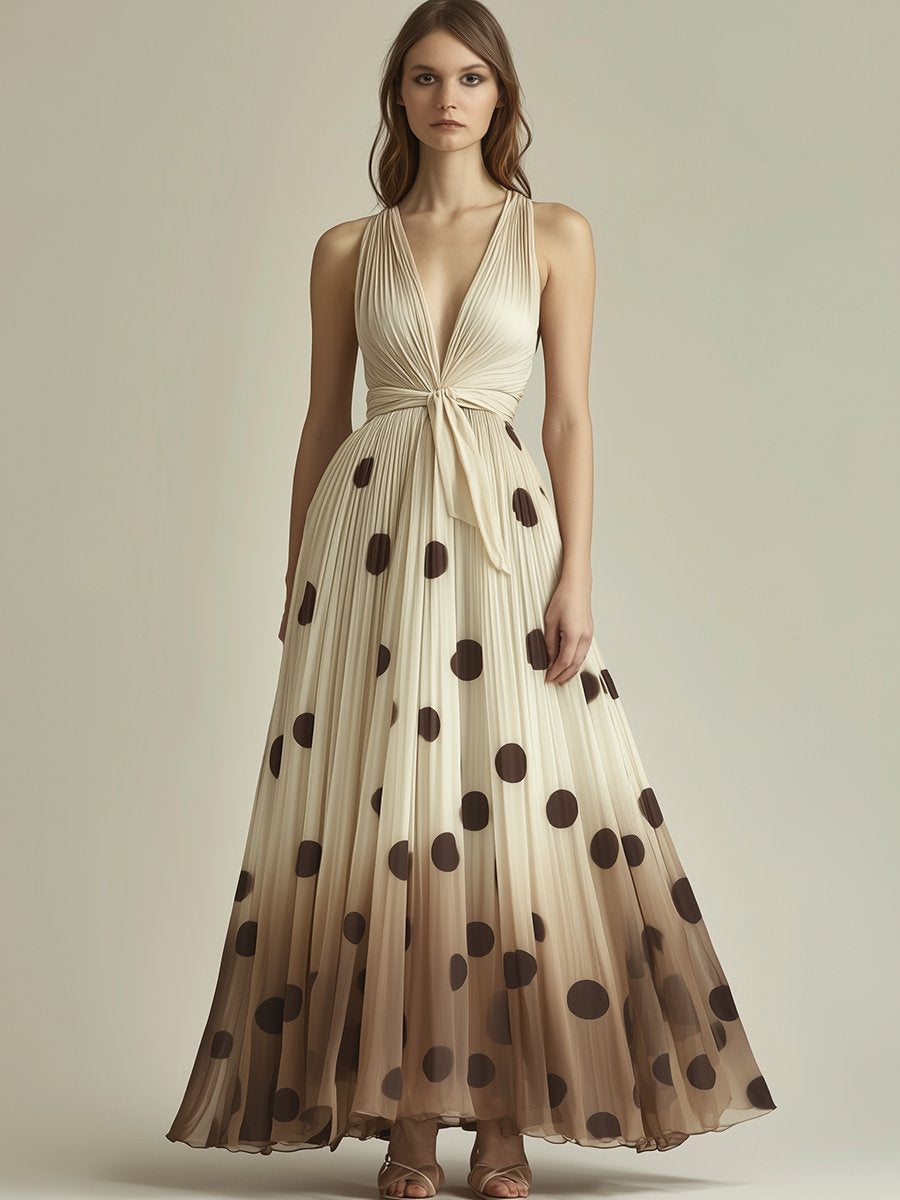 Elegant and Charming Polka Dot Beige Gradient Sleeveless Maxi Dress