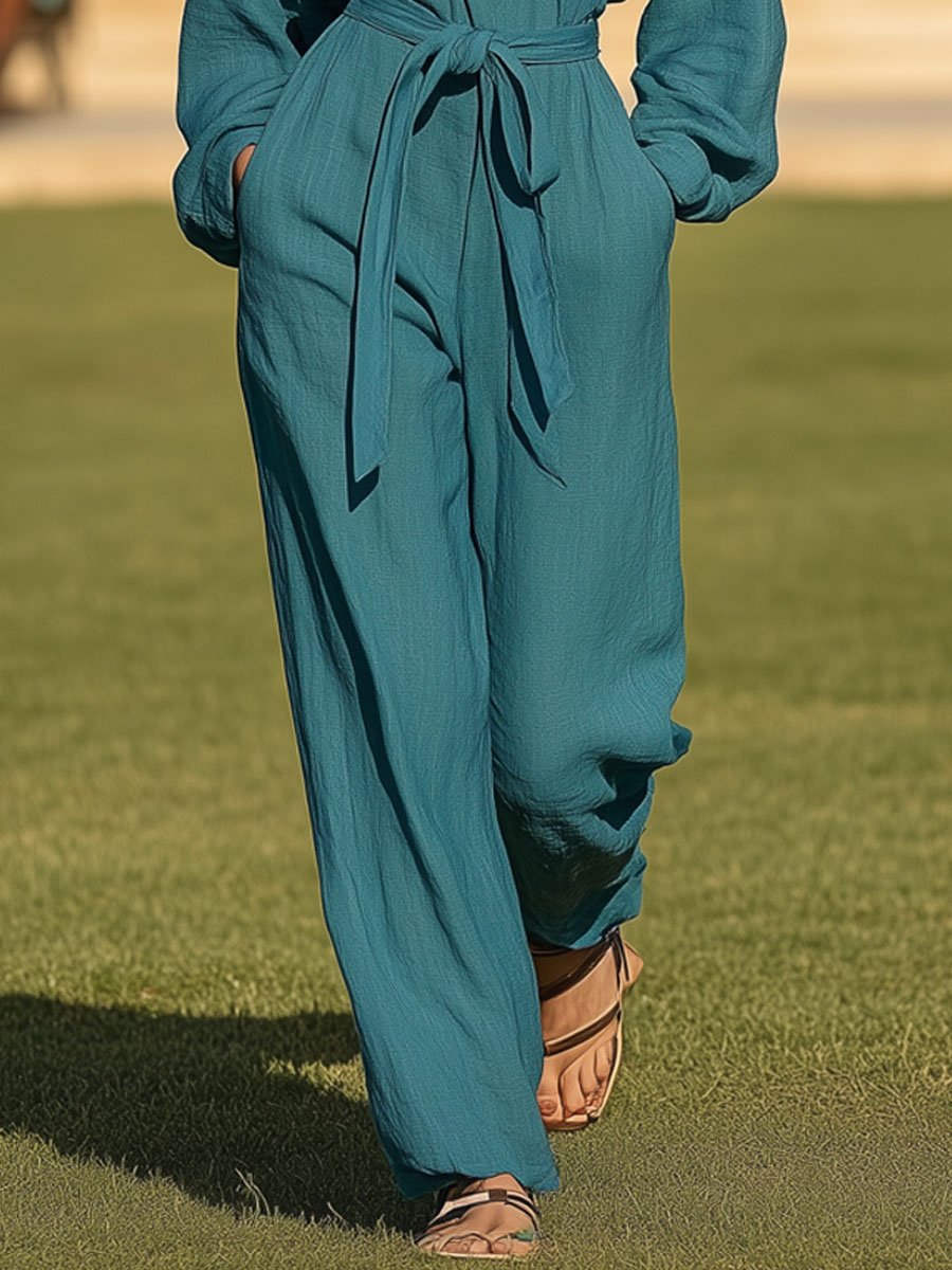 Casual Loose Retro Cotton And Linen Blue-Green Long-Sleeved Wide-Leg Jumpsuit