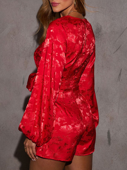 High-End Elegant And Fashionable Red Jacquard Strappy Jumpsuit