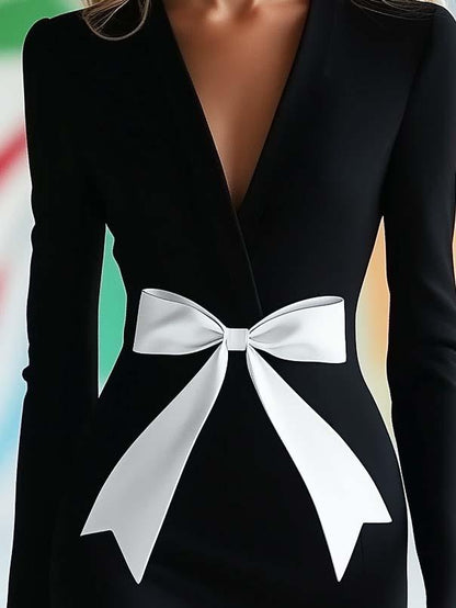 Elegant Bow Print Black Long Sleeve Midi Dress