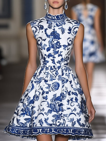 Elegant Half-high Collar Blue and White Porcelain Print Satin Sleeveless Mini Dress