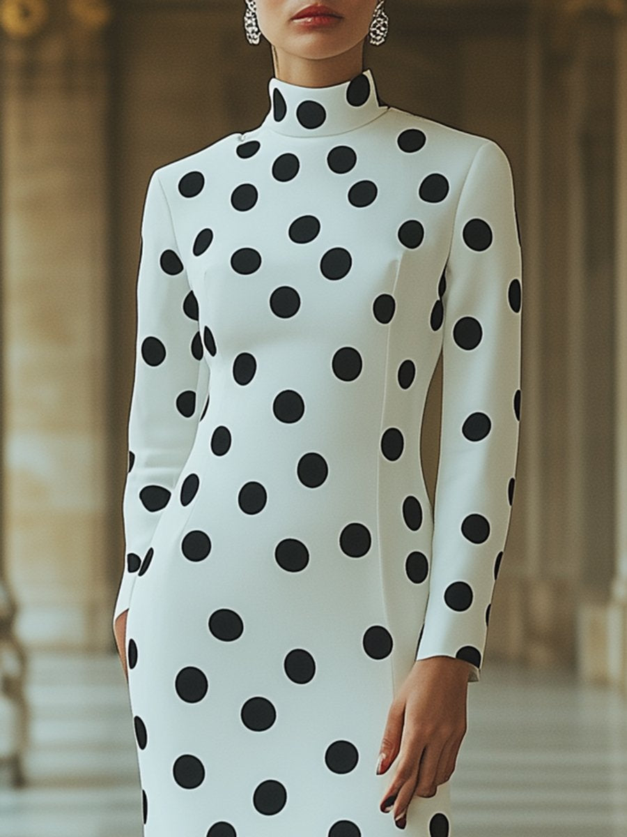 High-end and Fashionable Half-high Collar Black Polka Dot White Satin Midi Dress