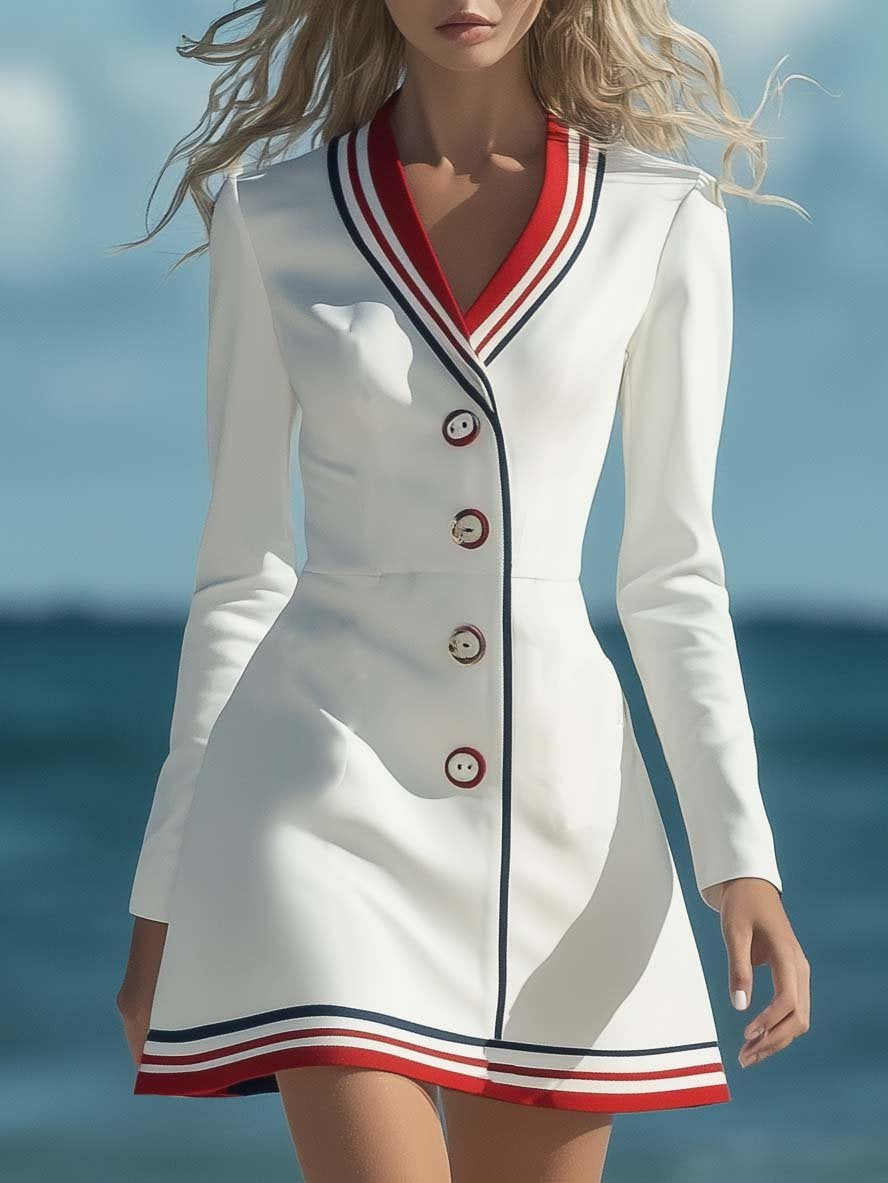 Classic Elegant Sailor Suit White Long Sleeve Mini Dress