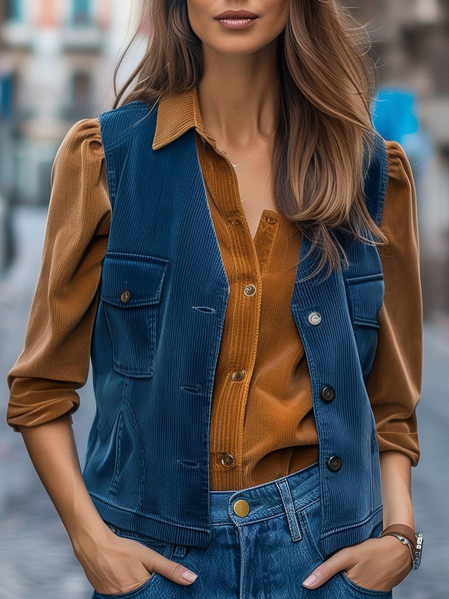 Casual Loose Pocket V-Neck Vintage Corduroy Vest