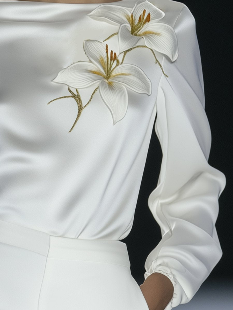 Elegant High-end Boat Neck White Embroidered Satin Top Blouse