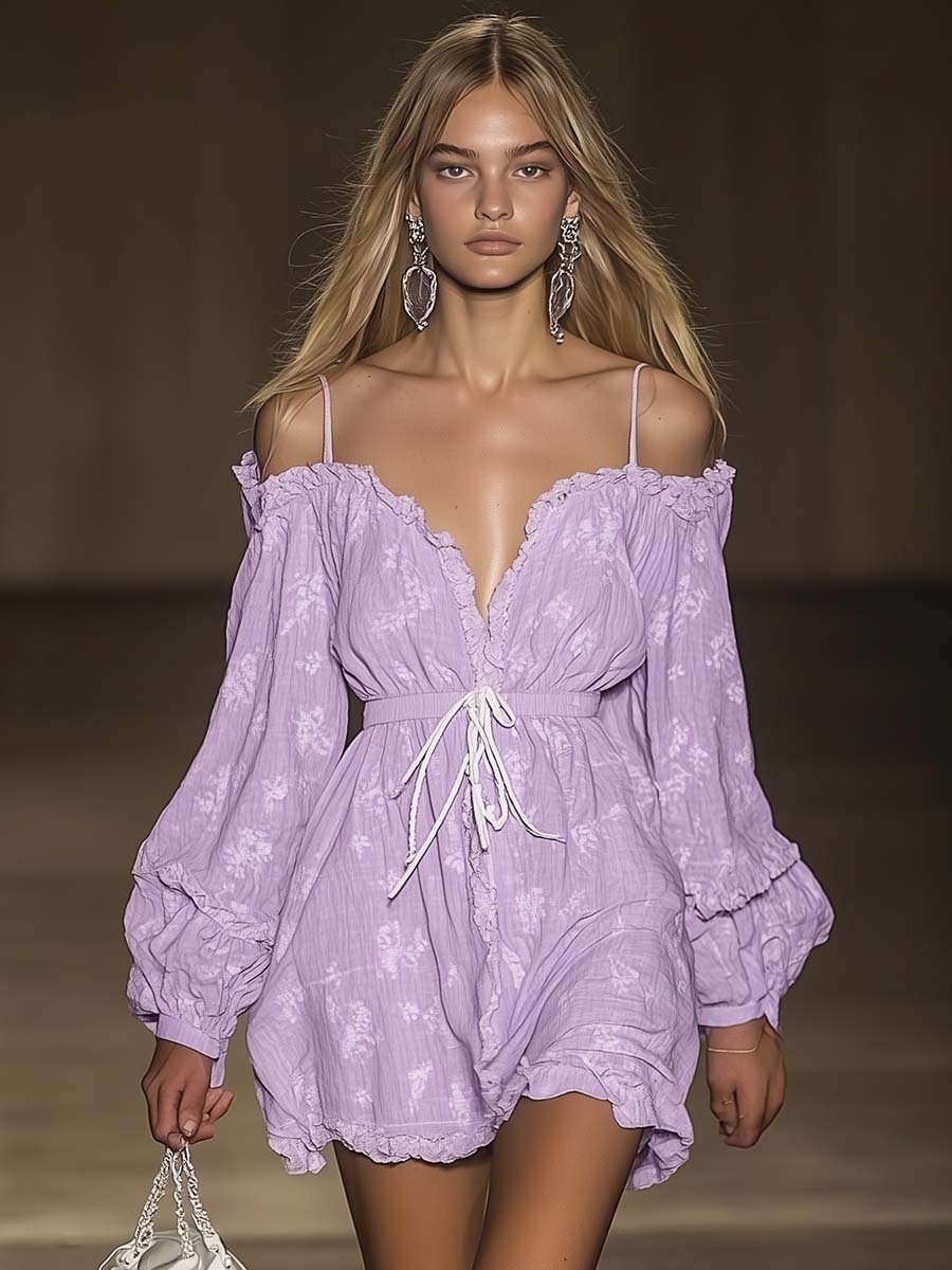 Fashionable Off-shoulder Lace-up Floral Print Lavender Mini Dress