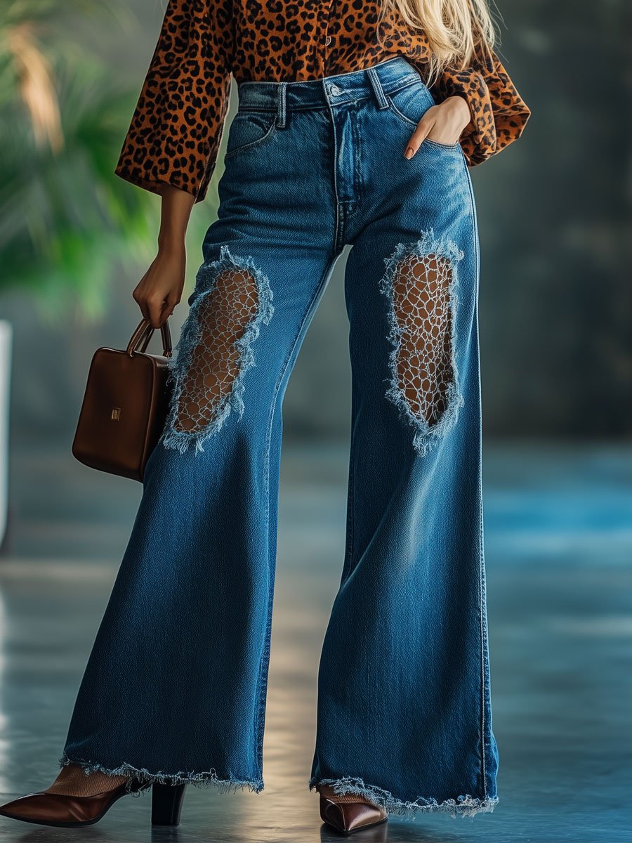 Casual Loose Retro High Waist Ripped Hollow Flared Jeans