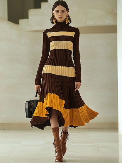 Fashion Retro Striped Knitted Turtleneck Long Sleeve Midi Dress