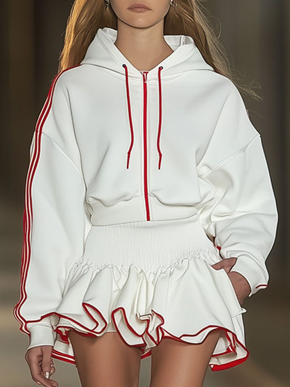 Casual Loose Red Striped White Knitted Cotton Hoodie Skirt Set