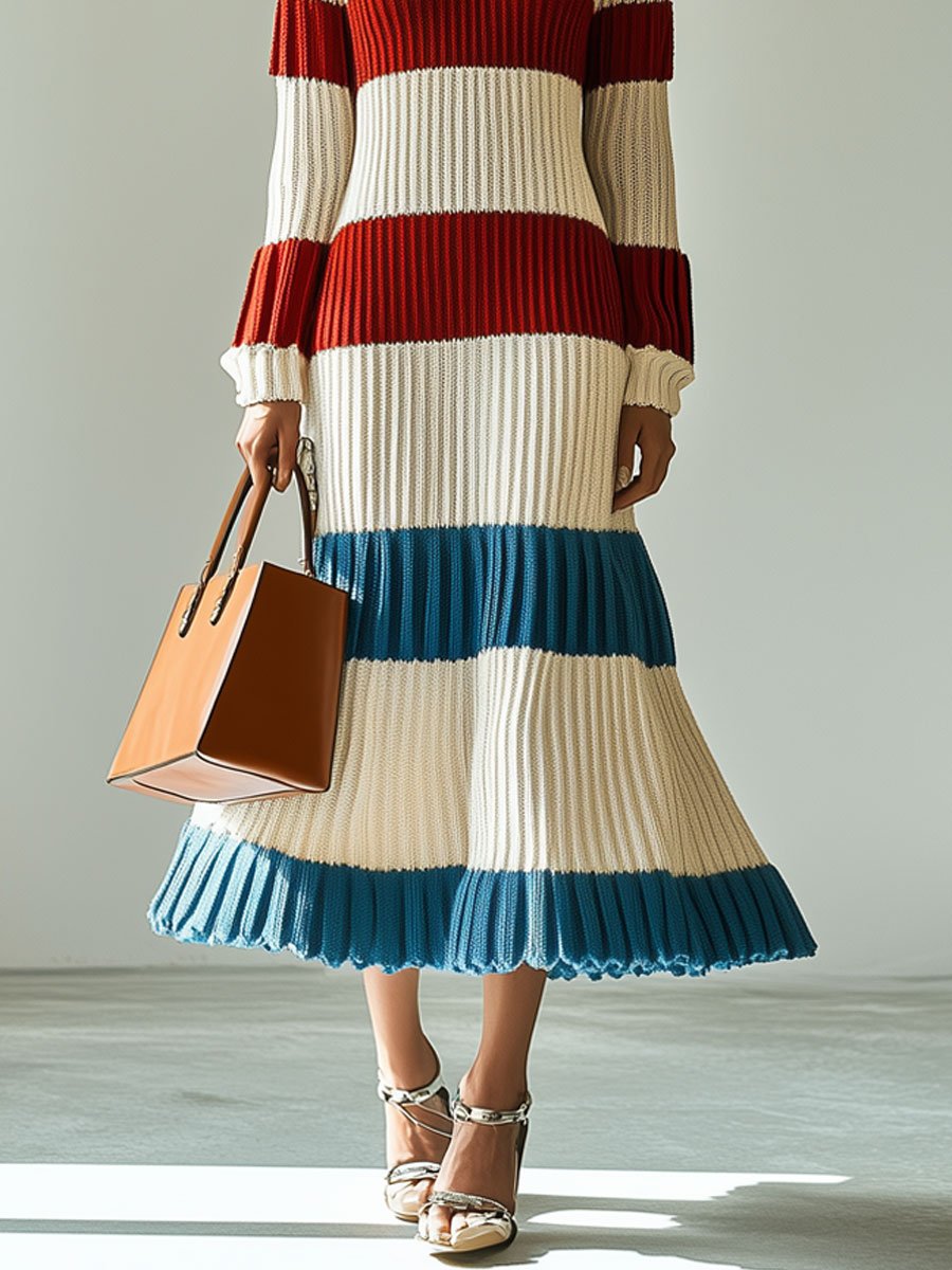 Fashion Retro Colorful Striped Turtleneck Long Sleeve Knitted Midi Dress