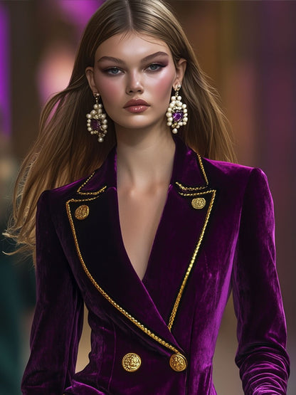 Casual Fashion Vintage Purple Velvet Gold Trim Suit Mini Dress