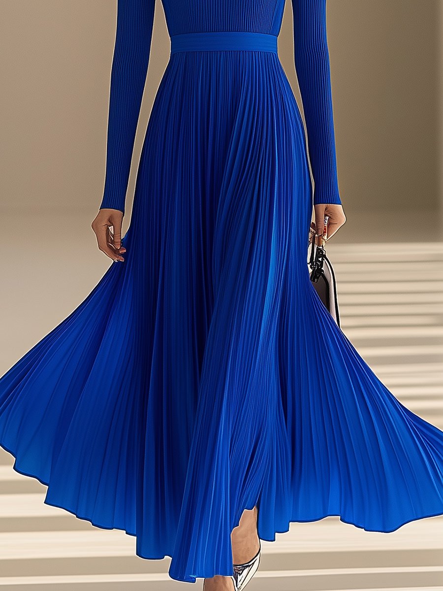 Elegant and Fashionable Round-neck Blue Pleated Long-sleeved Maxi Dress